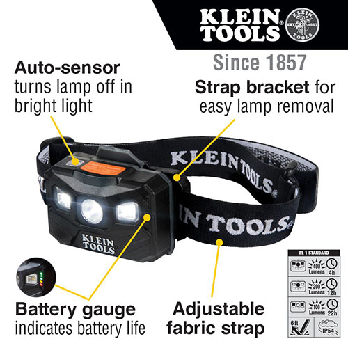 Photograph of Klein Tools 400 Lumen Rechargeable Auto-off Headlamp with Fabric Strap - 56048