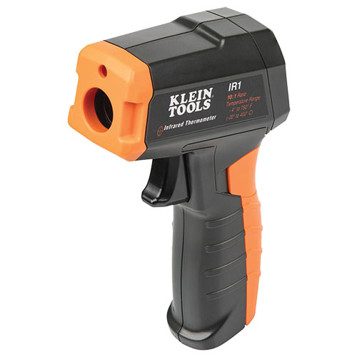 The Klein Tools Infrared Digital Thermometer with Targeting Laser - IR1 features a wide measurement range of -4 to 752-Degree Fahrenheit (-20 to 400-Degree Celsius) and a 10:1 distance-to-spot ratio.