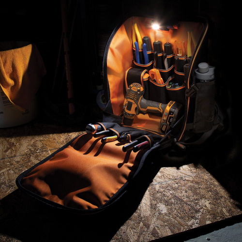 Photograph of Klein Tools Tradesman Pro Tool Station Tool Bag Backpack, 21 Pockets, 17.25-Inch (55482)