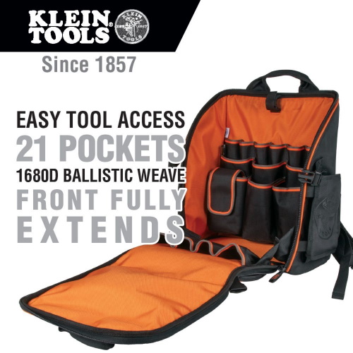 Photograph of Klein Tools Tradesman Pro Tool Station Tool Bag Backpack, 21 Pockets, 17.25-Inch (55482)