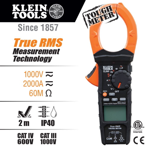 Photograph of Klein Tools Digital Clamp Meter, AC Auto-Range TRMS, Low Impedance (LoZ), 2000 Amp (CL900)