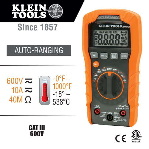 Photograph of Klein Tools Digital Multimeter, Auto-Ranging, 600V (MM400)
