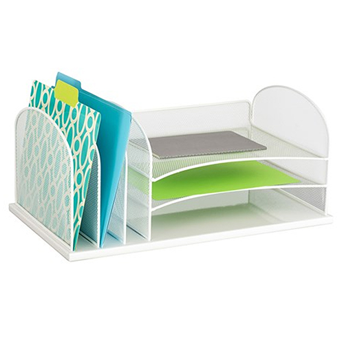 Photograph of the Safco Onyx 3 Horizontal/3 Upright Sections - (3 Colors Available) durable steel mesh design aids in office supply organization and file storage.