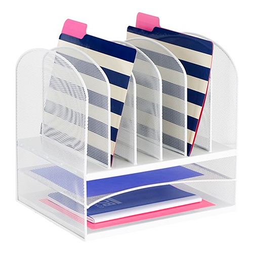 Photograph of the Safco Onyx 2 Horizontal/6 Upright Sections - (3 Colors Available) durable steel mesh design aids in office supply organization and file storage.