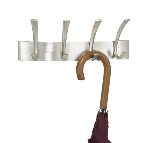 Photograph of the Safco Metal Coat Rack 4 Hook is a four hook coat rack with matching backplate that arcs outward from the wall.