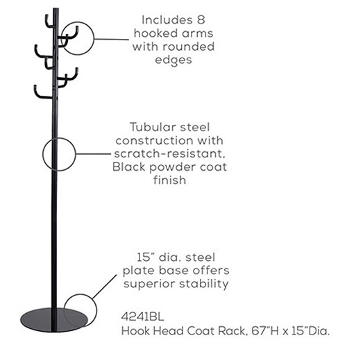 Photograph of the Safco Hook Head Coat Rack, Black - 4241BL, safco hook head coat rack, hook head coat rack, head coat rack, coat rack, rack, hook rack, hook head, hook, coat