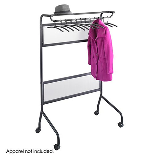 Photograph of the Safco Impromptu Garment Rack - (2 Colors Available) holds up to 32 coat hangers, includes 12 additional coat hangers and features a hat storage shelf above coat rack.
