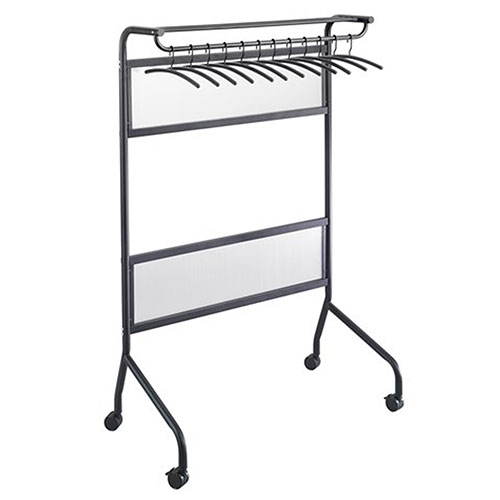 Photograph of the Safco Impromptu Garment Rack - (2 Colors Available) holds up to 32 coat hangers, includes 12 additional coat hangers and features a hat storage shelf above coat rack.
