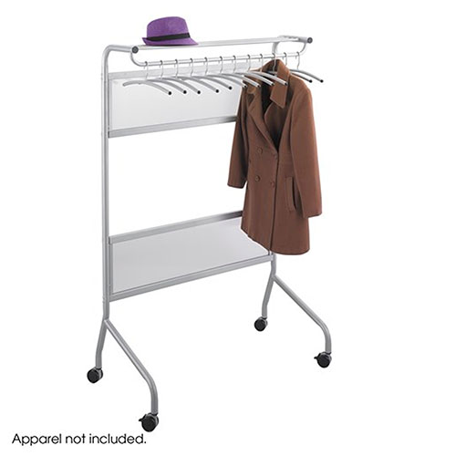 Photograph of the Safco Impromptu Garment Rack - (2 Colors Available) holds up to 32 coat hangers, includes 12 additional coat hangers and features a hat storage shelf above coat rack.