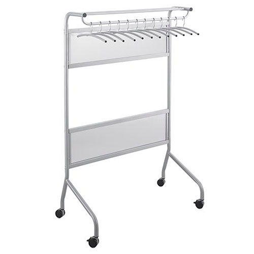 Photograph of the Safco Impromptu Garment Rack - (2 Colors Available) holds up to 32 coat hangers, includes 12 additional coat hangers and features a hat storage shelf above coat rack.