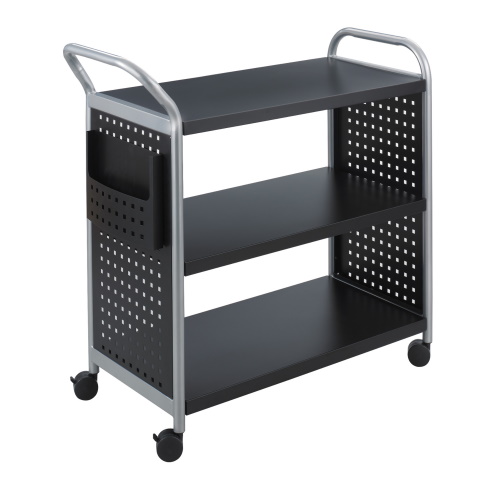 Photograph of the Safco Scoot Utility Cart - 3 Shelves is a mobile office cart built with a pure steel construction and a black powder coat finish for durability.
