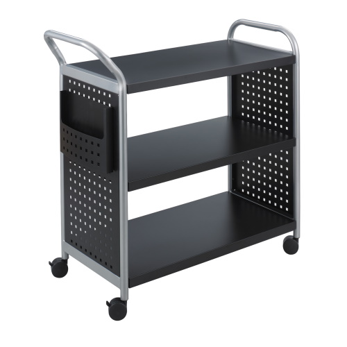 Photograph of the Safco Scoot Utility Cart - 3 Shelves is a mobile office cart built with a pure steel construction and a black powder coat finish for durability.
