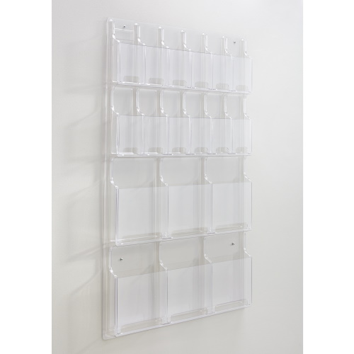 Photograph of the Safco Reveal 6 Magazine and 12 Pamphlet Display is a wall-mountable literature organizer that holds six magazines and 12 pamphlets.
