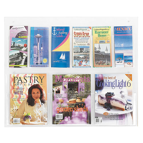 Photograph of the Safco Clear2c 3 Magazine and 6 Pamphlet Display, Clear - 5666CL is a clear, literature display built of break-resistant polycarbonate plastic that holds up to three magazines and six pamphlets.