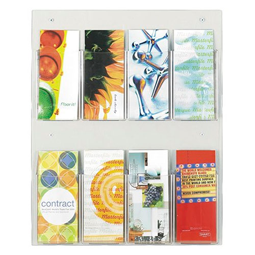 Photograph of the Safco Clear2c 8 Pamphlet Display, Clear - 5673CL  is a clear, literature display built of break-resistant polycarbonate plastic that holds up to 8 pamphlets in individual pockets.