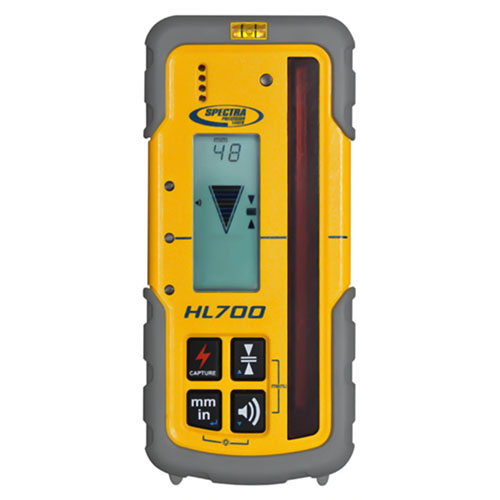 Photograph of the Spectra Laserometer Receiver and Rod Clamp - HL700 is a highly versatile laser receiver for basic and advanced leveling and aligning applications, is designed for general, concrete and site preparation contractors.
