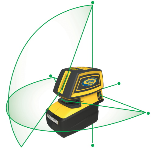 Photograph of the Spectra LT52G Point &amp; Line Laser Tool - LT52G eliminates the need for contractors to purchase two tools by combining a 5-beam pointer and a crossline laser into one product.