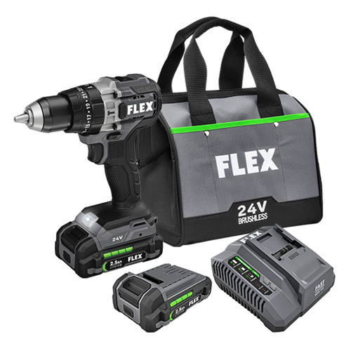 Flex Tools 24V 1/2" 2-Speed Hammer Drill Kit, w/ 2x2.5Ah Battery, 160W Charger - FX1251-2A
