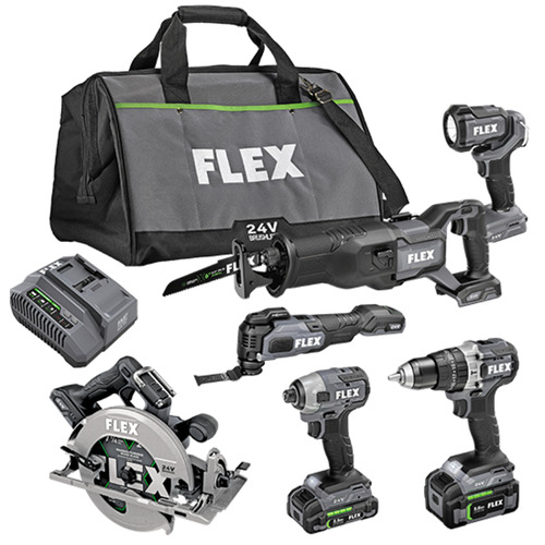  Flex Tools 6 Tool Combo Kit, Hammer Drill, Impact Driver, 7-1/4" Circular Saw, Oscillating Multi-Tool, Reciprocating Saw, and Work Light - FXM601-2B