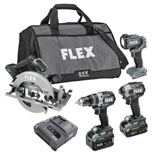  Flex Tools 4 Tool Combo Kit, Hammer Drill Driver w/Turbo Mode, Quick Eject Impact Driver, Circular Saw, and Work Light, Stacked Lithium - FXM403-2G